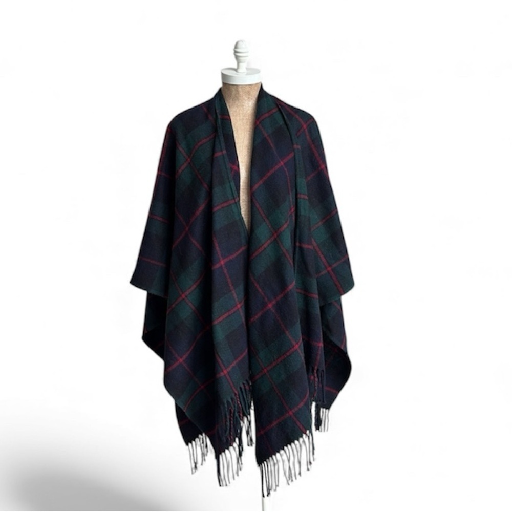 Nordstrom Made in Italy Lambswool Blend Plaid Fringe Cape Wrap Ruana One Size